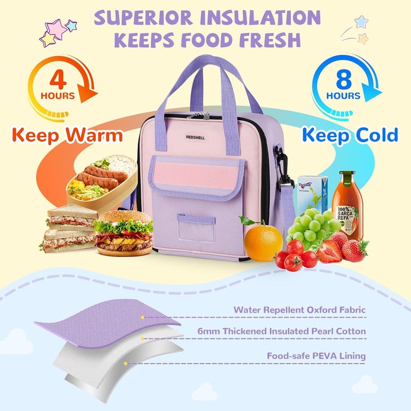 REDSHELL Tactical Lunch Box Kids, Large Insulated Lunch Bag for Girls, Cooler Lunchbag, Square Toddler Lunchbox, School Daycare Lunch Tote Pail with Water Bottle Holder Shoulder Strap, Purple - Image 4